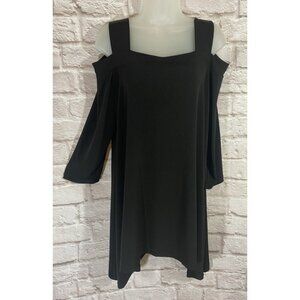 CHICOS Size 2 L Slinky Stretchy Tunic Top Asymmetrical Hem Cold Shoulder Black